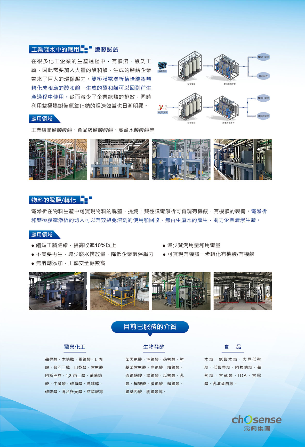 在很多化工企業的生產過程中，有鹼溶、酸洗工藝，因此需要加入大量的酸和鹼，生成的鹽給企業帶來了巨大的環保壓力。雙極膜電渗析恰恰能將鹽轉化成相應的酸和鹼，生成的酸和鹼可以回到前生產過程中使用。從而減少了企業總鹽的排放，同時利用雙極膜製備氫氧化鈉的經潛效益也日漸明顯。